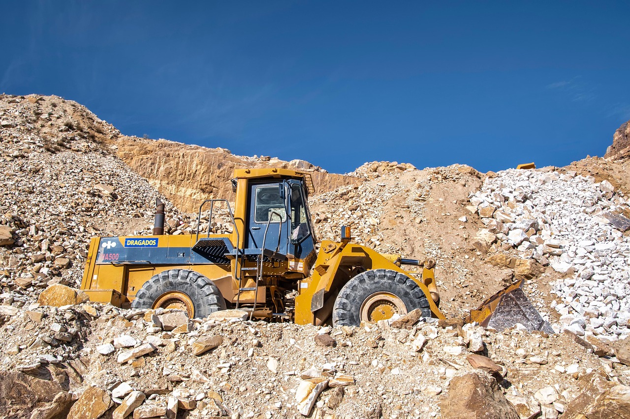 quarry, mining, loader, heavy equipment, marble, rubble, debris, open-pit mine, machine, rocks, nature, mountain, macael